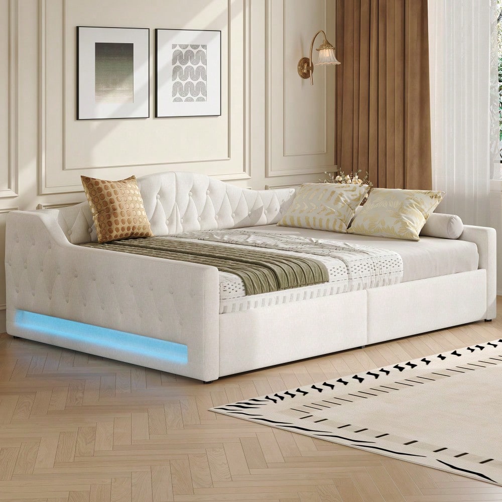 Gepolstertes 140x200 Tagesbett mit LED-Gürtel und Stauraum darunter, Beige