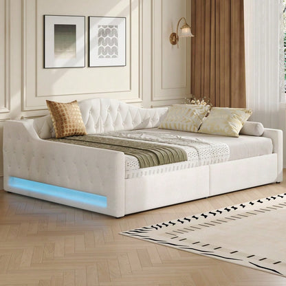 Gepolstertes 140x200 Tagesbett mit LED-Gürtel und Stauraum darunter, Beige