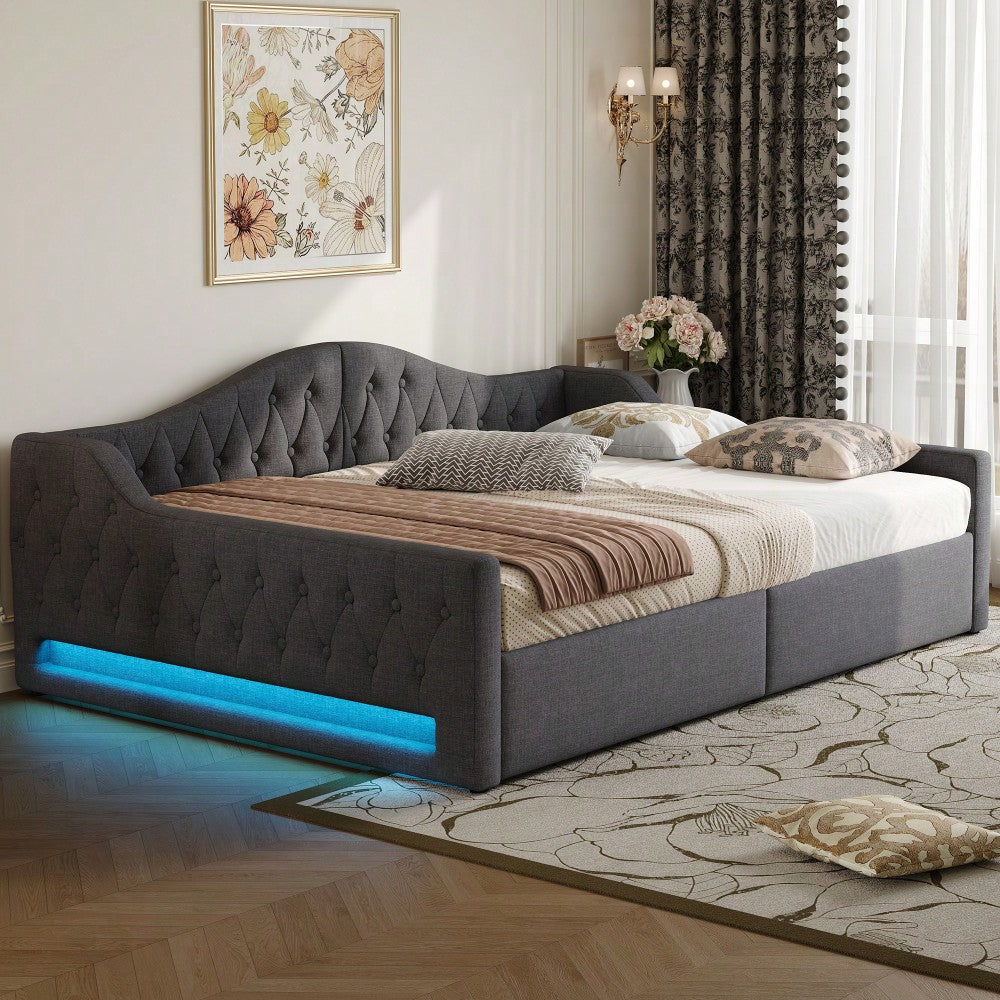 Gepolstertes 140x200 Tagesbett mit LED-Gürtel und Stauraum darunter, Grau