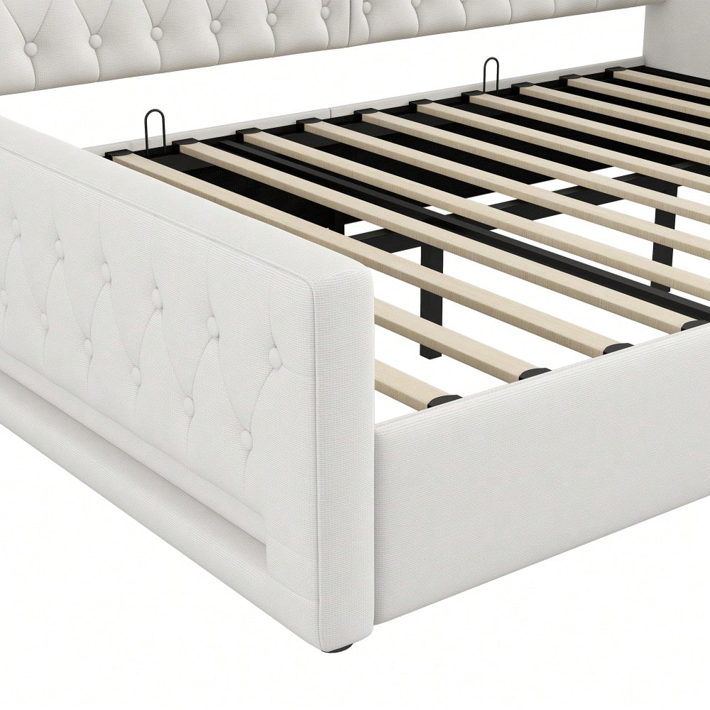 Gepolstertes 140x200 Tagesbett mit LED-Gürtel und Stauraum darunter, Beige