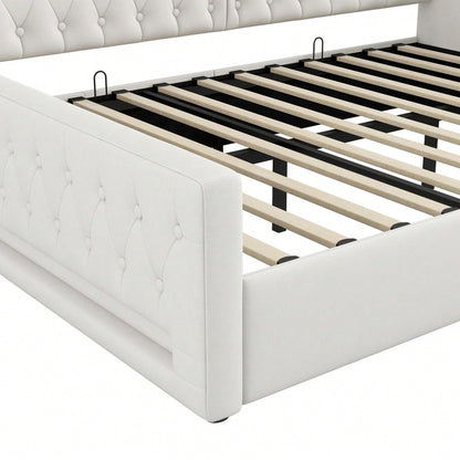 Gepolstertes 140x200 Tagesbett mit LED-Gürtel und Stauraum darunter, Beige
