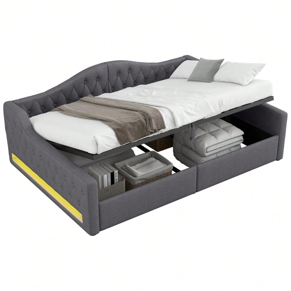 Gepolstertes 140x200 Tagesbett mit LED-Gürtel und Stauraum darunter, Grau