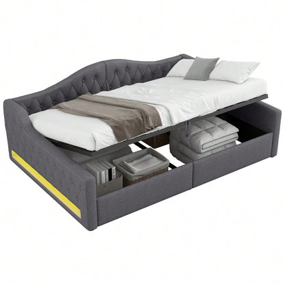 Gepolstertes 140x200 Tagesbett mit LED-Gürtel und Stauraum darunter, Grau