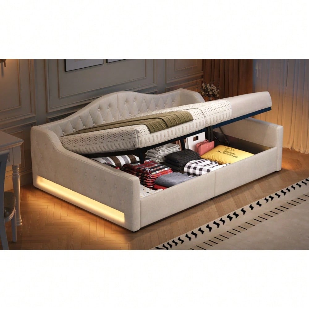 Gepolstertes 140x200 Tagesbett mit LED-Gürtel und Stauraum darunter, Beige