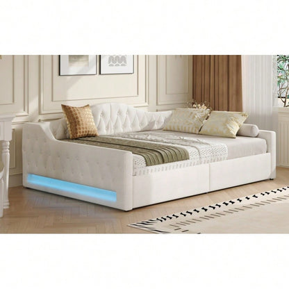 Gepolstertes 140x200 Tagesbett mit LED-Gürtel und Stauraum darunter, Beige