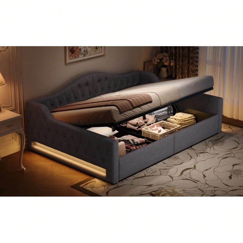Gepolstertes 140x200 Tagesbett mit LED-Gürtel und Stauraum darunter, Grau