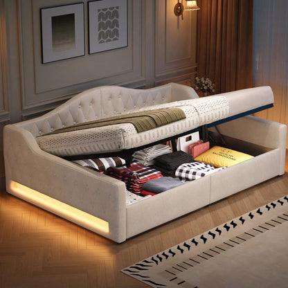 Gepolstertes 140x200 Tagesbett mit LED-Gürtel und Stauraum darunter, Beige