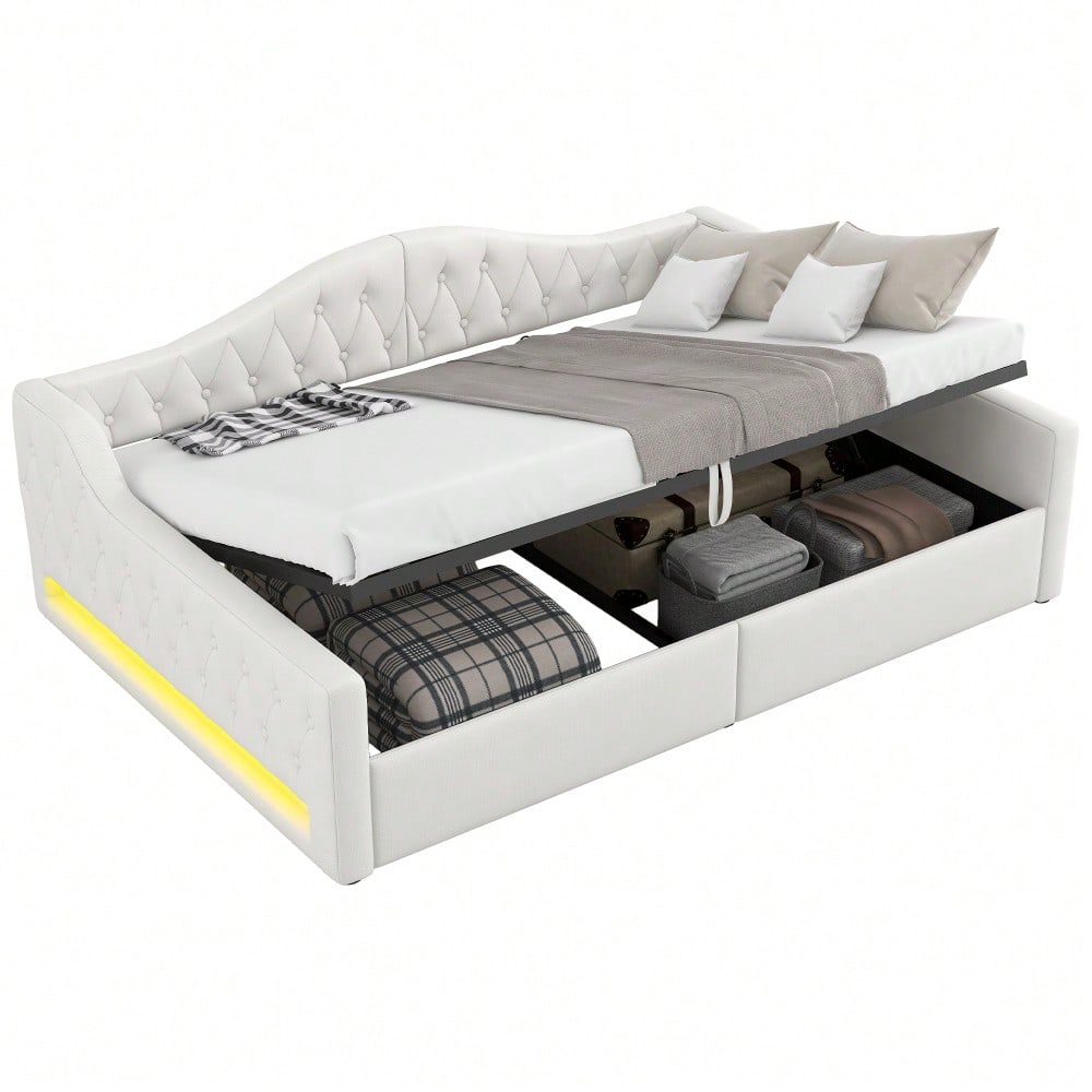 Gepolstertes 140x200 Tagesbett mit LED-Gürtel und Stauraum darunter, Beige