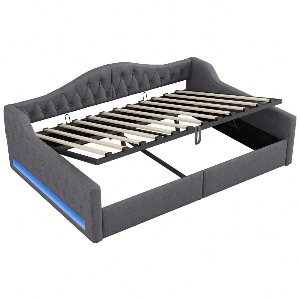 Gepolstertes 140x200 Tagesbett mit LED-Gürtel und Stauraum darunter, Grau