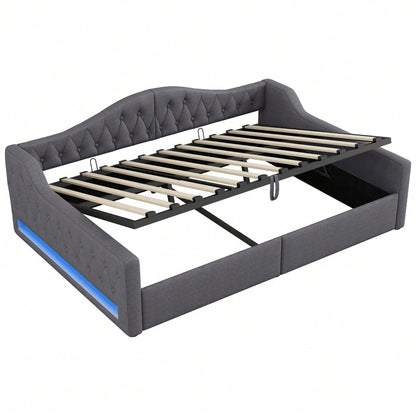 Gepolstertes 140x200 Tagesbett mit LED-Gürtel und Stauraum darunter, Grau