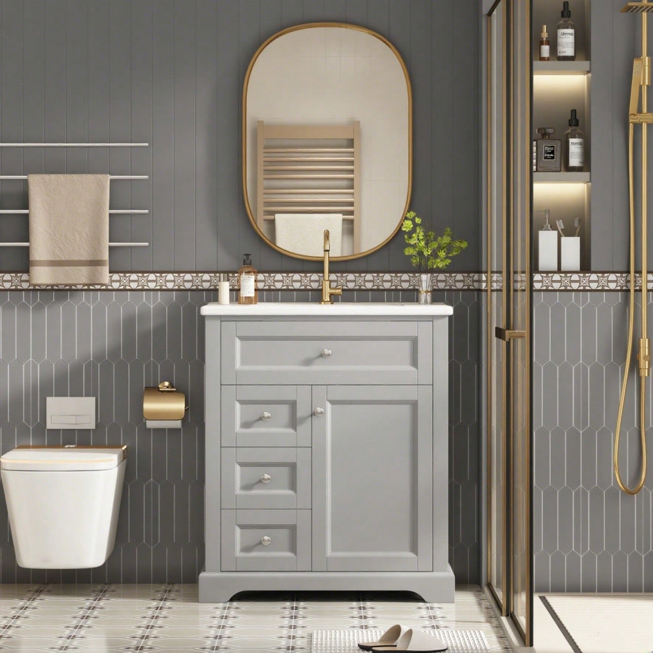 76x46x87cmBodenstehender Badezimmerschrank mit Waschbeck, Waschtisch, feuchtigkeitsbeständig lackiert, Soft-Close-Schubladenführungen, Türregale,ausklappbare Schublade,verstellbare Ablagefläche, grau