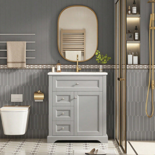 76x46x87cmBodenstehender Badezimmerschrank mit Waschbeck, Waschtisch, feuchtigkeitsbeständig lackiert, Soft-Close-Schubladenführungen, Türregale,ausklappbare Schublade,verstellbare Ablagefläche, grau
