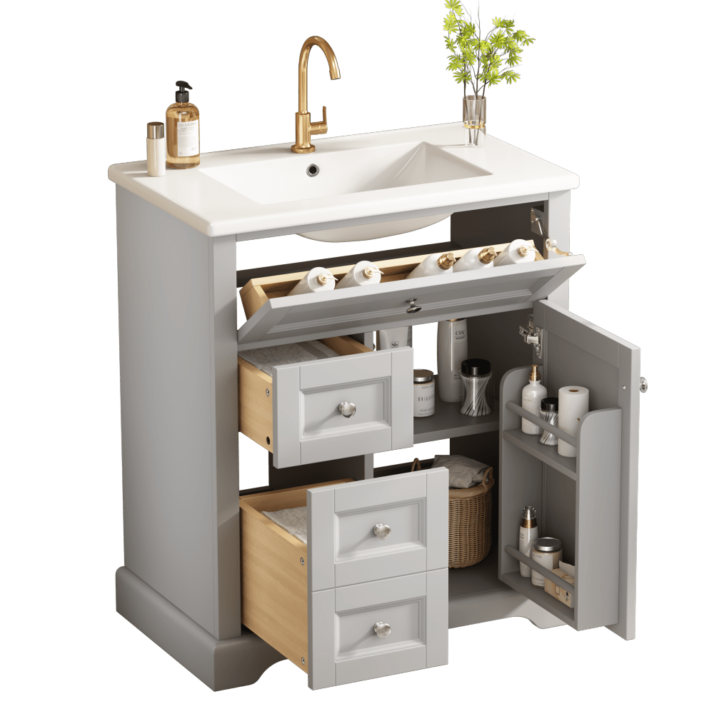 76x46x87cmBodenstehender Badezimmerschrank mit Waschbeck, Waschtisch, feuchtigkeitsbeständig lackiert, Soft-Close-Schubladenführungen, Türregale,ausklappbare Schublade,verstellbare Ablagefläche, grau