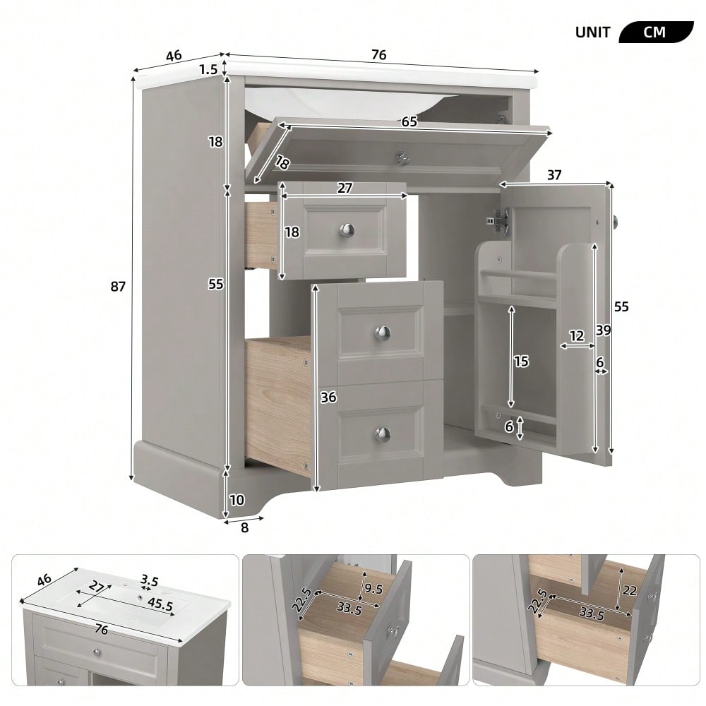 76x46x87cmBodenstehender Badezimmerschrank mit Waschbeck, Waschtisch, feuchtigkeitsbeständig lackiert, Soft-Close-Schubladenführungen, Türregale,ausklappbare Schublade,verstellbare Ablagefläche, grau