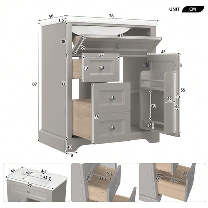 76x46x87cmBodenstehender Badezimmerschrank mit Waschbeck, Waschtisch, feuchtigkeitsbeständig lackiert, Soft-Close-Schubladenführungen, Türregale,ausklappbare Schublade,verstellbare Ablagefläche, grau