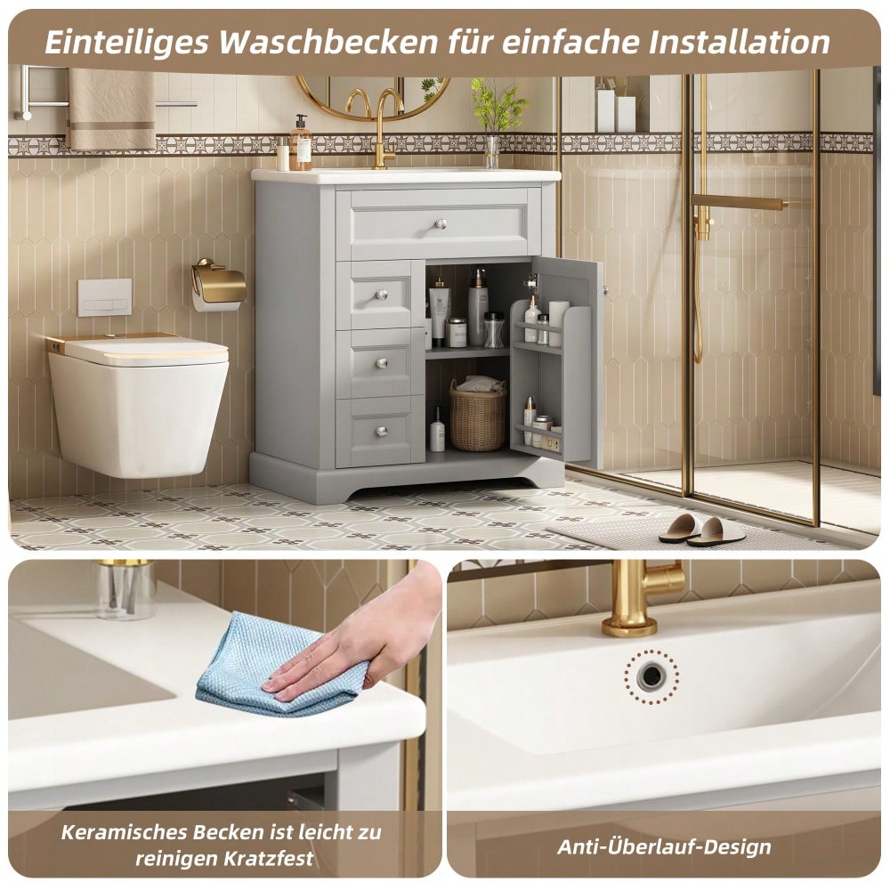 76x46x87cmBodenstehender Badezimmerschrank mit Waschbeck, Waschtisch, feuchtigkeitsbeständig lackiert, Soft-Close-Schubladenführungen, Türregale,ausklappbare Schublade,verstellbare Ablagefläche, grau