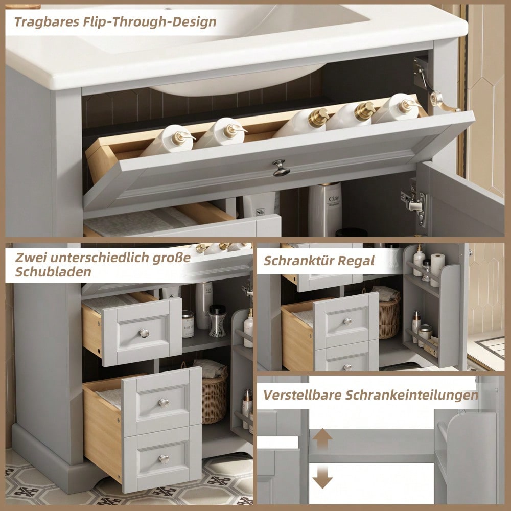 76x46x87cmBodenstehender Badezimmerschrank mit Waschbeck, Waschtisch, feuchtigkeitsbeständig lackiert, Soft-Close-Schubladenführungen, Türregale,ausklappbare Schublade,verstellbare Ablagefläche, grau