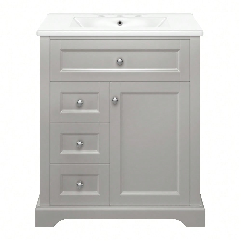 76x46x87cmBodenstehender Badezimmerschrank mit Waschbeck, Waschtisch, feuchtigkeitsbeständig lackiert, Soft-Close-Schubladenführungen, Türregale,ausklappbare Schublade,verstellbare Ablagefläche, grau