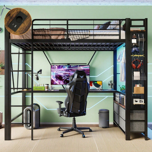 Hochbett, 90 x 200cm, Eisenrahmen Mit Schreibtisch, Mit Trockenstab, Mit Einlegeböden, 4 Schubladen, Mit USB+TYPE-C Steckdose, LED-Leiste, Geländer, Trittleiter, mit Lochbrett, ohne Matratze, schwarz