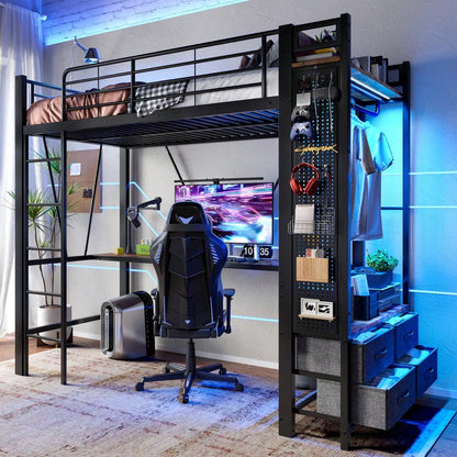 Hochbett, 90 x 200cm, Eisenrahmen Mit Schreibtisch, Mit Trockenstab, Mit Einlegeböden, 4 Schubladen, Mit USB+TYPE-C Steckdose, LED-Leiste, Geländer, Trittleiter, mit Lochbrett, ohne Matratze, schwarz