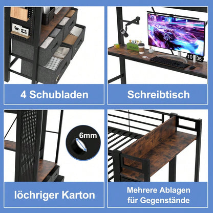 Hochbett, 90 x 200cm, Eisenrahmen Mit Schreibtisch, Mit Trockenstab, Mit Einlegeböden, 4 Schubladen, Mit USB+TYPE-C Steckdose, LED-Leiste, Geländer, Trittleiter, mit Lochbrett, ohne Matratze, schwarz