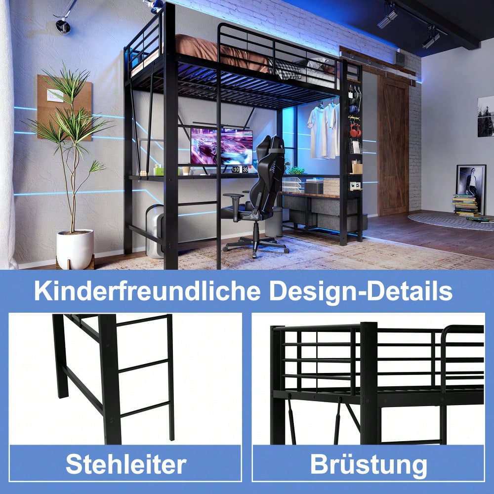Hochbett, 90 x 200cm, Eisenrahmen Mit Schreibtisch, Mit Trockenstab, Mit Einlegeböden, 4 Schubladen, Mit USB+TYPE-C Steckdose, LED-Leiste, Geländer, Trittleiter, mit Lochbrett, ohne Matratze, schwarz