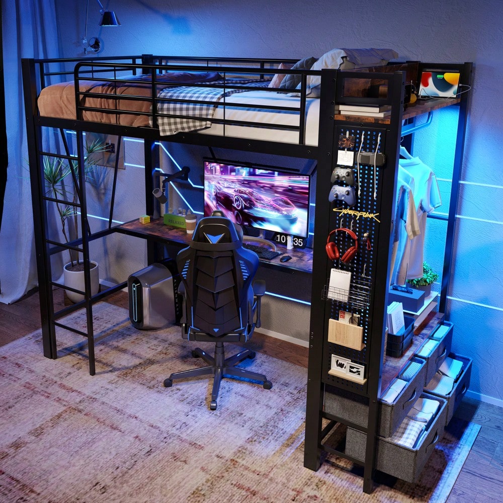Hochbett, 90 x 200cm, Eisenrahmen Mit Schreibtisch, Mit Trockenstab, Mit Einlegeböden, 4 Schubladen, Mit USB+TYPE-C Steckdose, LED-Leiste, Geländer, Trittleiter, mit Lochbrett, ohne Matratze, schwarz