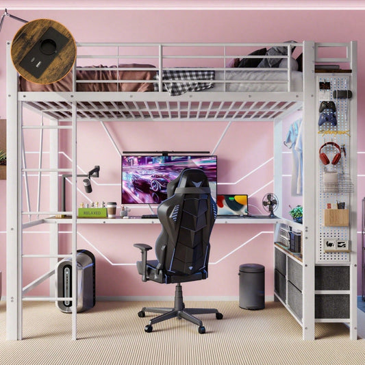 Hochbett, 90 x 200cm, Eisenrahmen Mit Schreibtisch, Mit Trockenstab, Mit Einlegeböden, 4 Schubladen, Mit USB+TYPE-C Steckdose, LED-Leiste, Geländer, Trittleiter, mit Lochbrett, ohne Matratze, Weiß