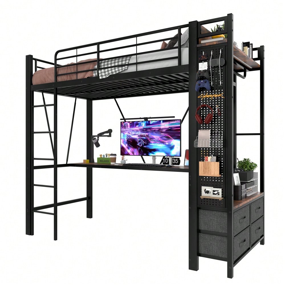 Hochbett, 90 x 200cm, Eisenrahmen Mit Schreibtisch, Mit Trockenstab, Mit Einlegeböden, 4 Schubladen, Mit USB+TYPE-C Steckdose, LED-Leiste, Geländer, Trittleiter, mit Lochbrett, ohne Matratze, schwarz