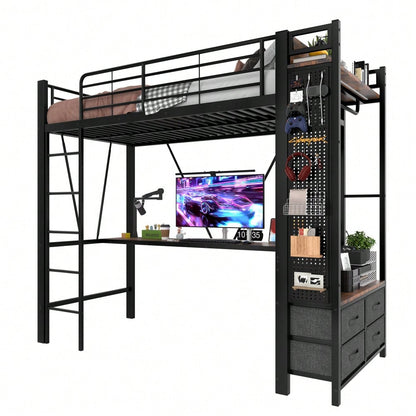 Hochbett, 90 x 200cm, Eisenrahmen Mit Schreibtisch, Mit Trockenstab, Mit Einlegeböden, 4 Schubladen, Mit USB+TYPE-C Steckdose, LED-Leiste, Geländer, Trittleiter, mit Lochbrett, ohne Matratze, schwarz