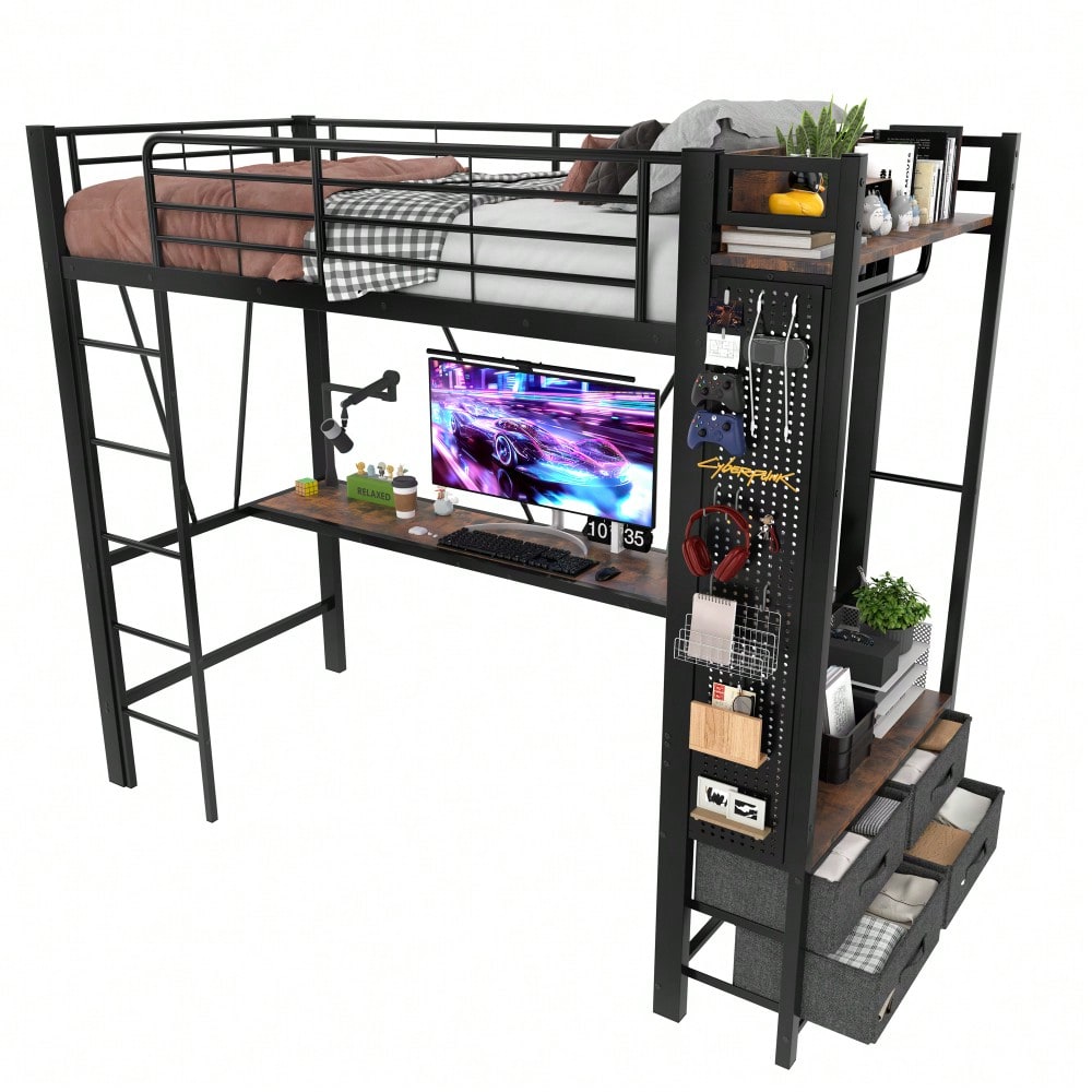 Hochbett, 90 x 200cm, Eisenrahmen Mit Schreibtisch, Mit Trockenstab, Mit Einlegeböden, 4 Schubladen, Mit USB+TYPE-C Steckdose, LED-Leiste, Geländer, Trittleiter, mit Lochbrett, ohne Matratze, schwarz