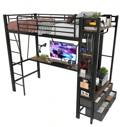 Hochbett, 90 x 200cm, Eisenrahmen Mit Schreibtisch, Mit Trockenstab, Mit Einlegeböden, 4 Schubladen, Mit USB+TYPE-C Steckdose, LED-Leiste, Geländer, Trittleiter, mit Lochbrett, ohne Matratze, schwarz