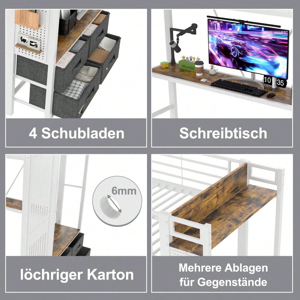 Hochbett, 90 x 200cm, Eisenrahmen Mit Schreibtisch, Mit Trockenstab, Mit Einlegeböden, 4 Schubladen, Mit USB+TYPE-C Steckdose, LED-Leiste, Geländer, Trittleiter, mit Lochbrett, ohne Matratze, Weiß