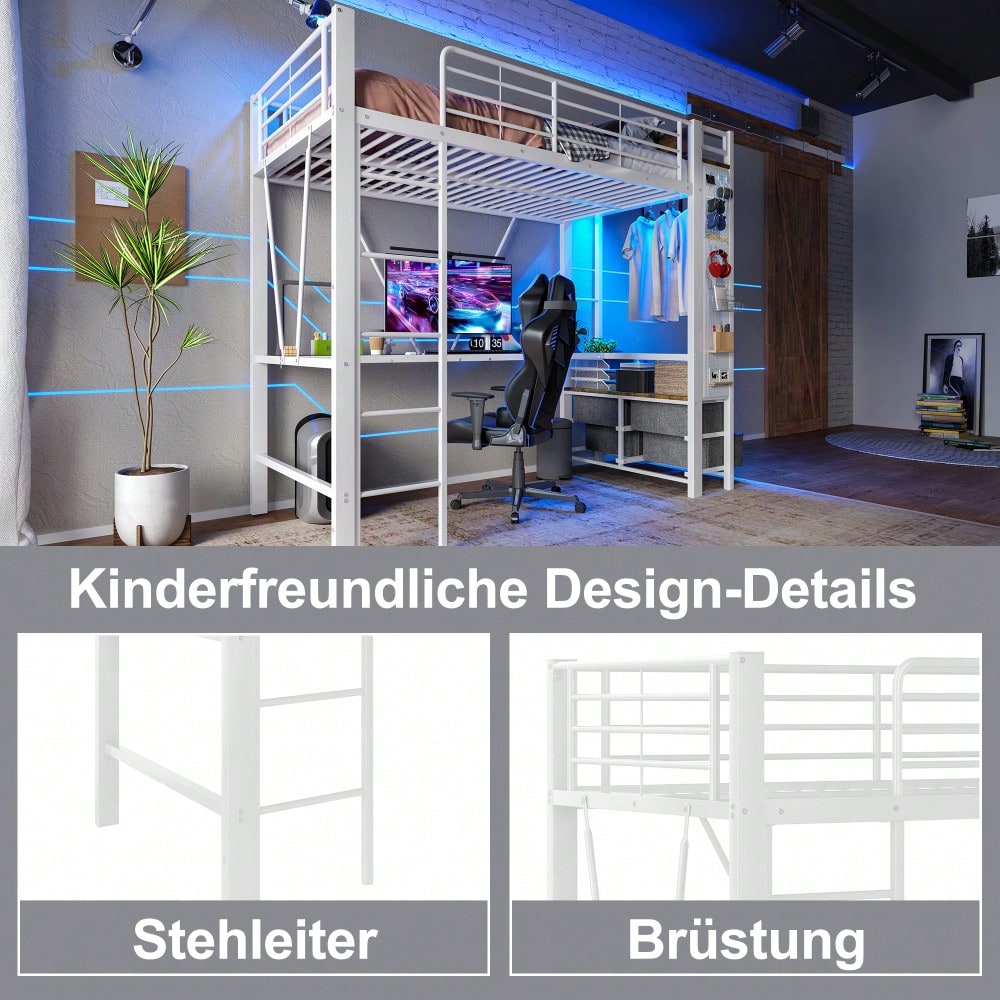 Hochbett, 90 x 200cm, Eisenrahmen Mit Schreibtisch, Mit Trockenstab, Mit Einlegeböden, 4 Schubladen, Mit USB+TYPE-C Steckdose, LED-Leiste, Geländer, Trittleiter, mit Lochbrett, ohne Matratze, Weiß