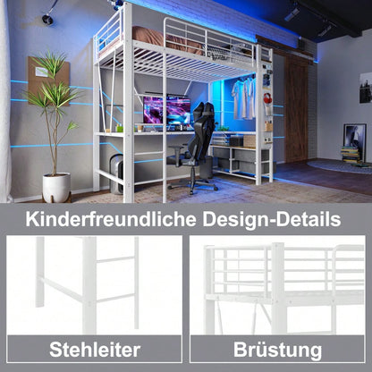Hochbett, 90 x 200cm, Eisenrahmen Mit Schreibtisch, Mit Trockenstab, Mit Einlegeböden, 4 Schubladen, Mit USB+TYPE-C Steckdose, LED-Leiste, Geländer, Trittleiter, mit Lochbrett, ohne Matratze, Weiß