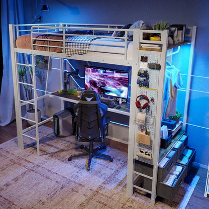 Hochbett, 90 x 200cm, Eisenrahmen Mit Schreibtisch, Mit Trockenstab, Mit Einlegeböden, 4 Schubladen, Mit USB+TYPE-C Steckdose, LED-Leiste, Geländer, Trittleiter, mit Lochbrett, ohne Matratze, Weiß