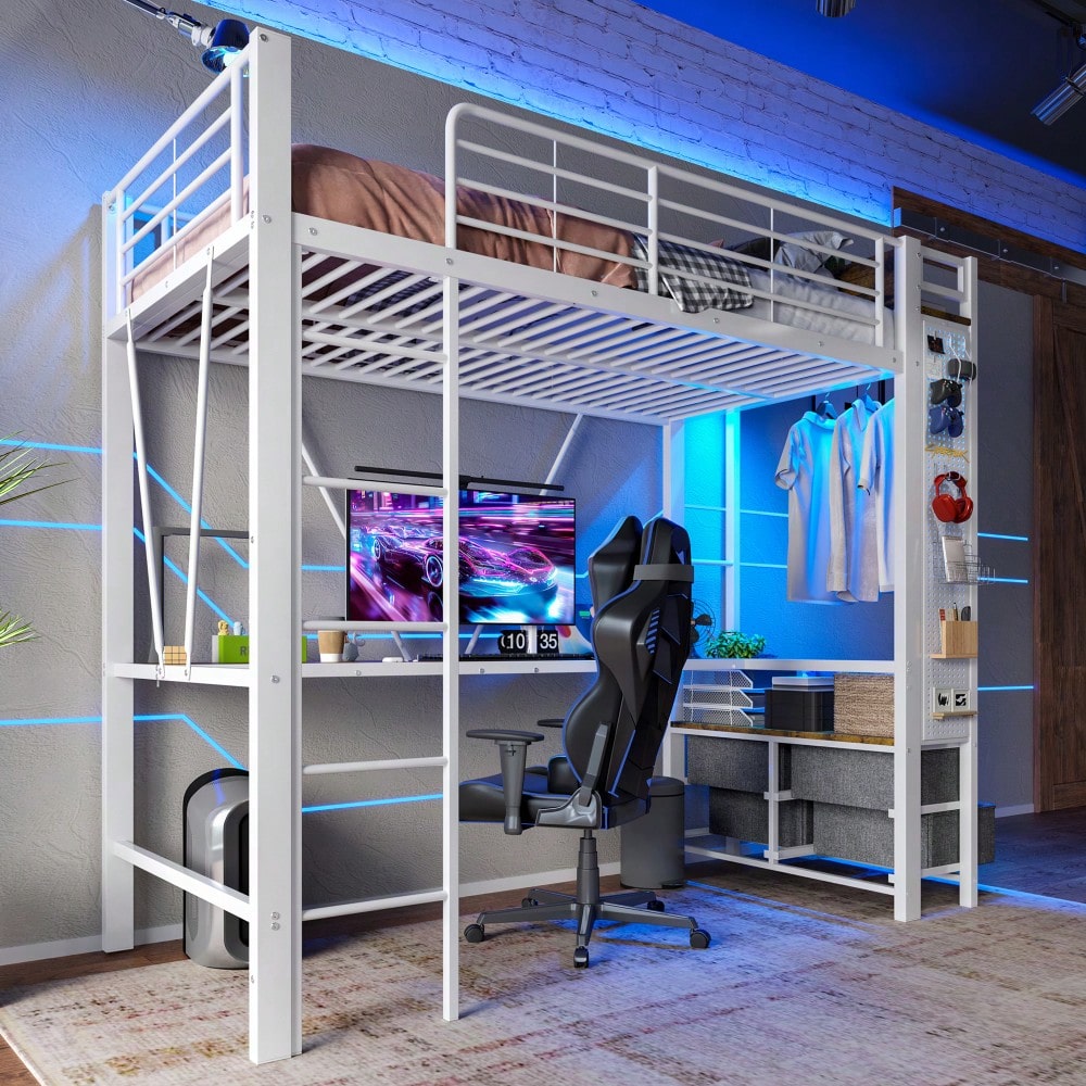 Hochbett, 90 x 200cm, Eisenrahmen Mit Schreibtisch, Mit Trockenstab, Mit Einlegeböden, 4 Schubladen, Mit USB+TYPE-C Steckdose, LED-Leiste, Geländer, Trittleiter, mit Lochbrett, ohne Matratze, Weiß