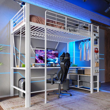 Hochbett, 90 x 200cm, Eisenrahmen Mit Schreibtisch, Mit Trockenstab, Mit Einlegeböden, 4 Schubladen, Mit USB+TYPE-C Steckdose, LED-Leiste, Geländer, Trittleiter, mit Lochbrett, ohne Matratze, Weiß