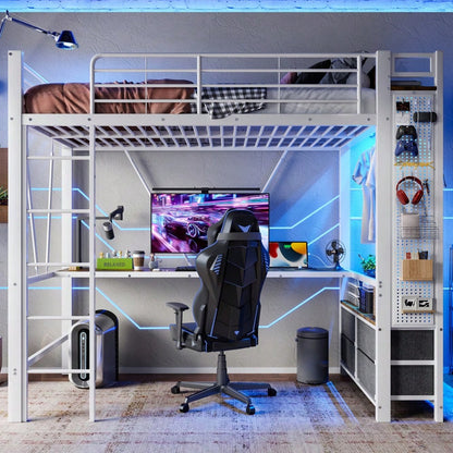 Hochbett, 90 x 200cm, Eisenrahmen Mit Schreibtisch, Mit Trockenstab, Mit Einlegeböden, 4 Schubladen, Mit USB+TYPE-C Steckdose, LED-Leiste, Geländer, Trittleiter, mit Lochbrett, ohne Matratze, Weiß