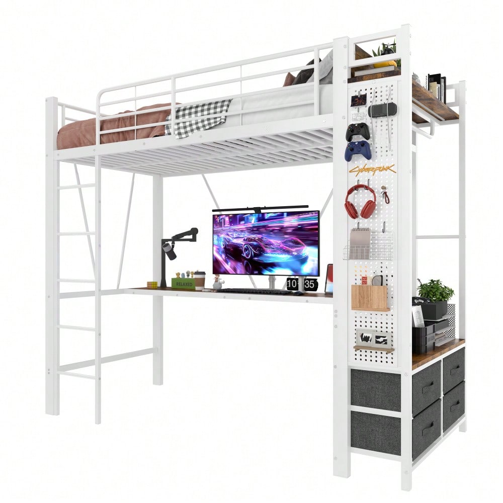 Hochbett, 90 x 200cm, Eisenrahmen Mit Schreibtisch, Mit Trockenstab, Mit Einlegeböden, 4 Schubladen, Mit USB+TYPE-C Steckdose, LED-Leiste, Geländer, Trittleiter, mit Lochbrett, ohne Matratze, Weiß