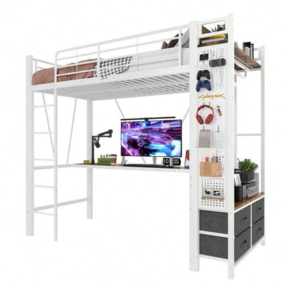 Hochbett, 90 x 200cm, Eisenrahmen Mit Schreibtisch, Mit Trockenstab, Mit Einlegeböden, 4 Schubladen, Mit USB+TYPE-C Steckdose, LED-Leiste, Geländer, Trittleiter, mit Lochbrett, ohne Matratze, Weiß