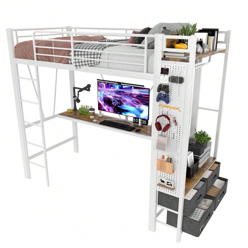 Hochbett, 90 x 200cm, Eisenrahmen Mit Schreibtisch, Mit Trockenstab, Mit Einlegeböden, 4 Schubladen, Mit USB+TYPE-C Steckdose, LED-Leiste, Geländer, Trittleiter, mit Lochbrett, ohne Matratze, Weiß