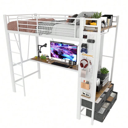 Hochbett, 90 x 200cm, Eisenrahmen Mit Schreibtisch, Mit Trockenstab, Mit Einlegeböden, 4 Schubladen, Mit USB+TYPE-C Steckdose, LED-Leiste, Geländer, Trittleiter, mit Lochbrett, ohne Matratze, Weiß