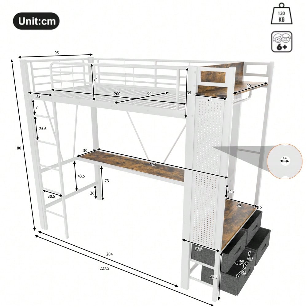 Hochbett, 90 x 200cm, Eisenrahmen Mit Schreibtisch, Mit Trockenstab, Mit Einlegeböden, 4 Schubladen, Mit USB+TYPE-C Steckdose, LED-Leiste, Geländer, Trittleiter, mit Lochbrett, ohne Matratze, Weiß