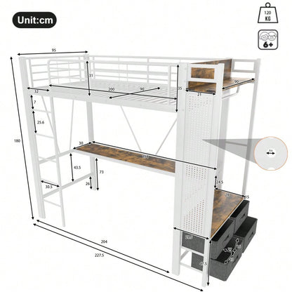 Hochbett, 90 x 200cm, Eisenrahmen Mit Schreibtisch, Mit Trockenstab, Mit Einlegeböden, 4 Schubladen, Mit USB+TYPE-C Steckdose, LED-Leiste, Geländer, Trittleiter, mit Lochbrett, ohne Matratze, Weiß