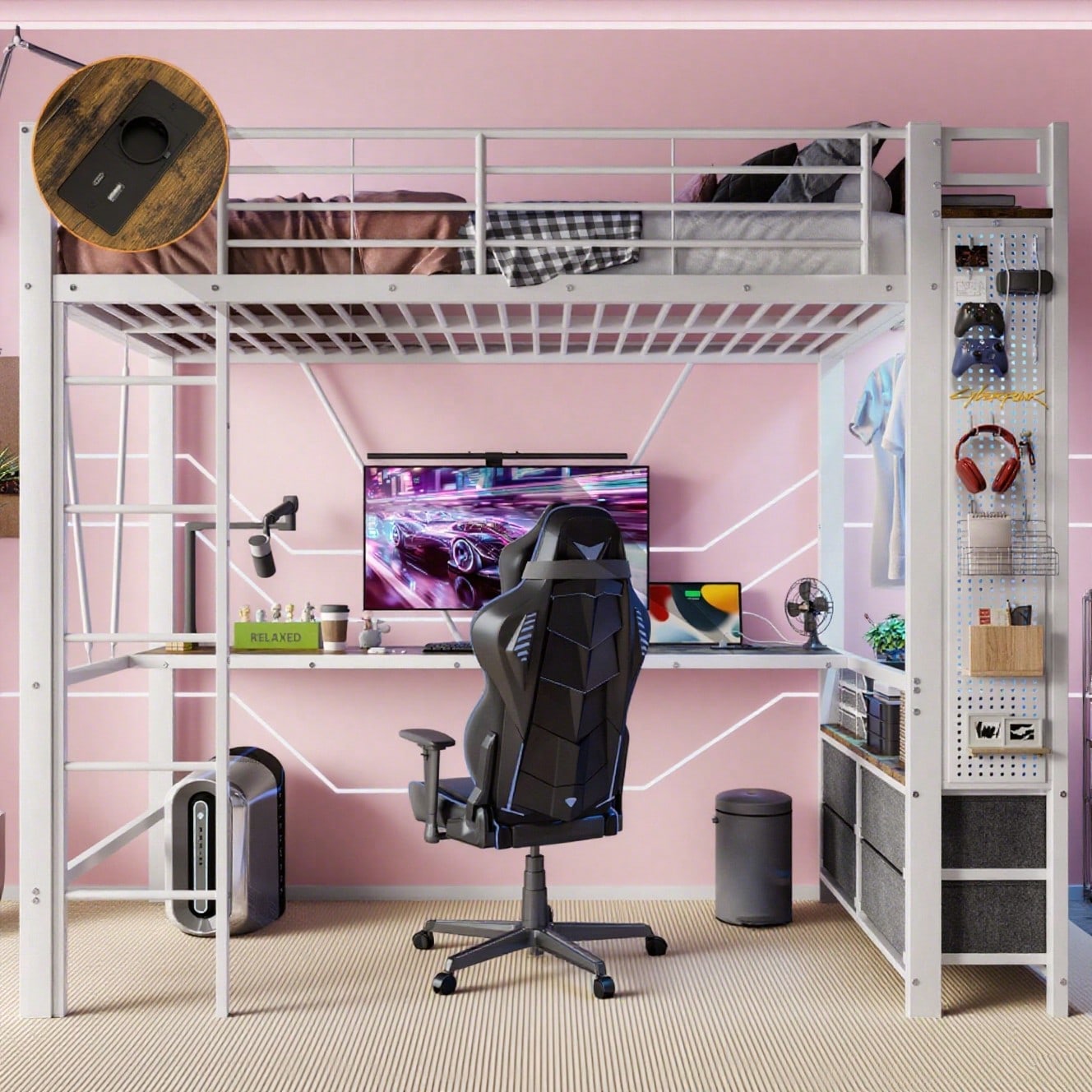 Hochbett, 90 x 200cm, Eisenrahmen Mit Schreibtisch, Mit Trockenstab, Mit Einlegeböden, 4 Schubladen, Mit USB+TYPE-C Steckdose, LED-Leiste, Geländer, Trittleiter, mit Lochbrett, ohne Matratze, Weiß