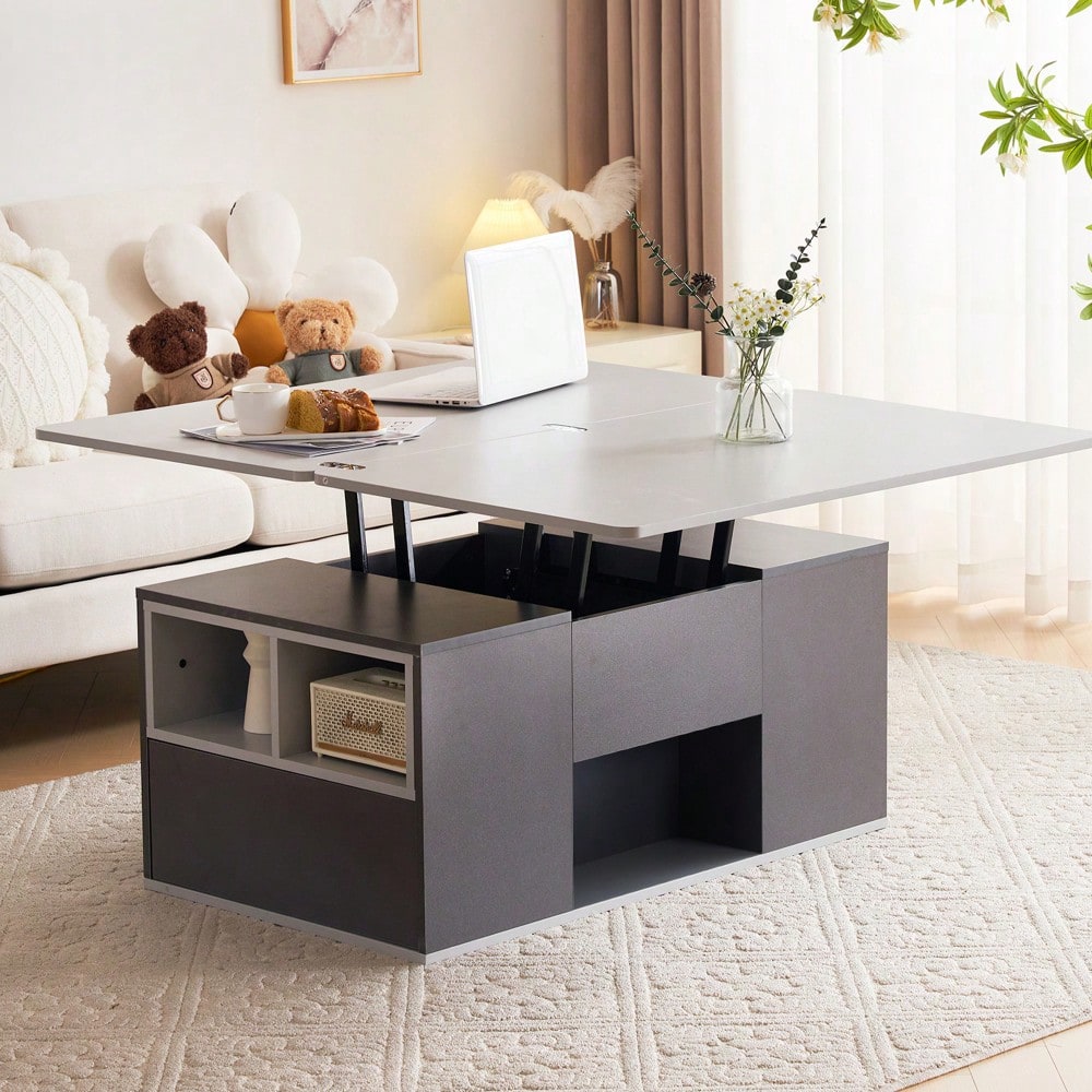 Hebbarer Multifunktions-Couchtisch - Tischplatte öffnet sich zu 2 Tischen, Dunkelgrau + Hellgrau, große Kapazität, moderne Wohnzimmermöbel, Büro Esstisch Beistelltisch Multifunktionstisch