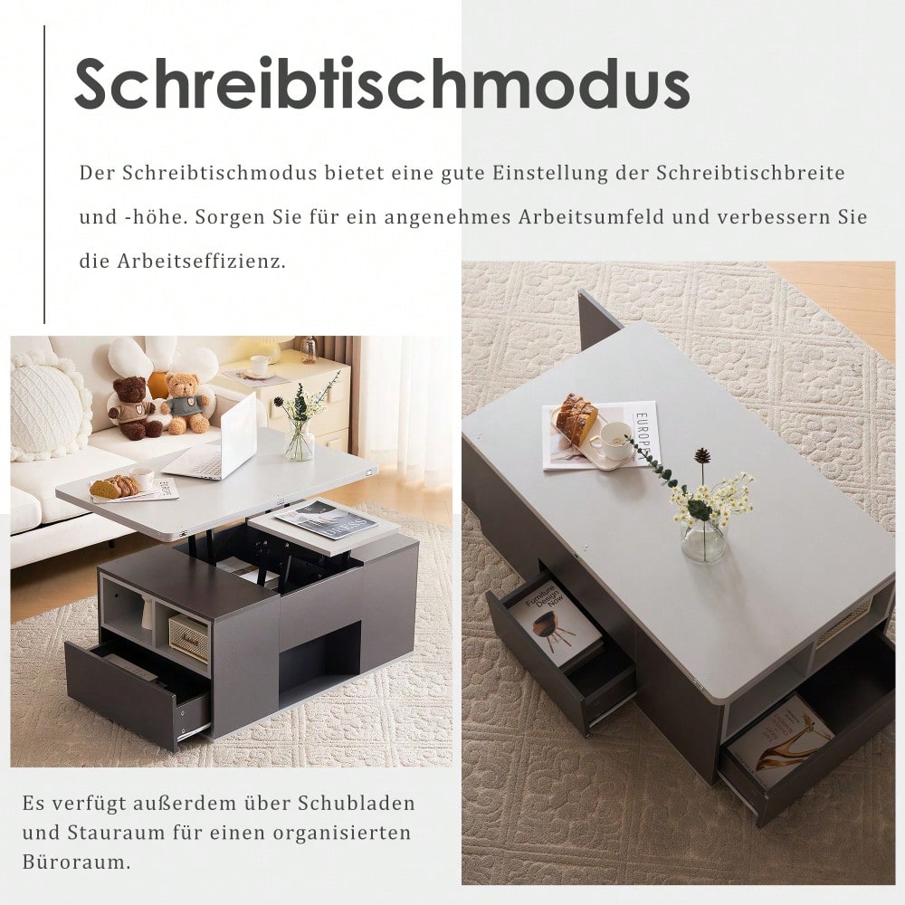 Hebbarer Multifunktions-Couchtisch - Tischplatte öffnet sich zu 2 Tischen, Dunkelgrau + Hellgrau, große Kapazität, moderne Wohnzimmermöbel, Büro Esstisch Beistelltisch Multifunktionstisch