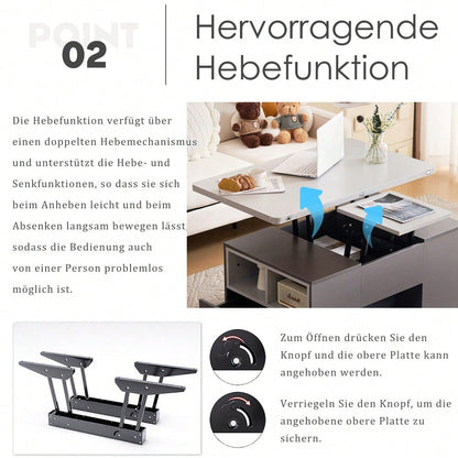 Hebbarer Multifunktions-Couchtisch - Tischplatte öffnet sich zu 2 Tischen, Dunkelgrau + Hellgrau, große Kapazität, moderne Wohnzimmermöbel, Büro Esstisch Beistelltisch Multifunktionstisch