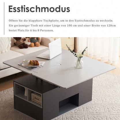 Hebbarer Multifunktions-Couchtisch - Tischplatte öffnet sich zu 2 Tischen, Dunkelgrau + Hellgrau, große Kapazität, moderne Wohnzimmermöbel, Büro Esstisch Beistelltisch Multifunktionstisch